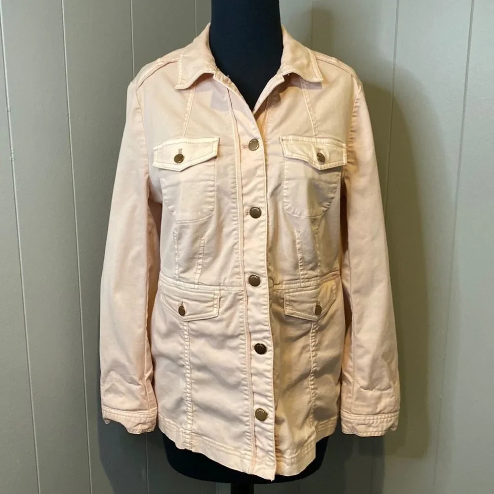 Chico’s 0 Light Pink Jacket Button Down Pockets Pleated Back Button Cuffs